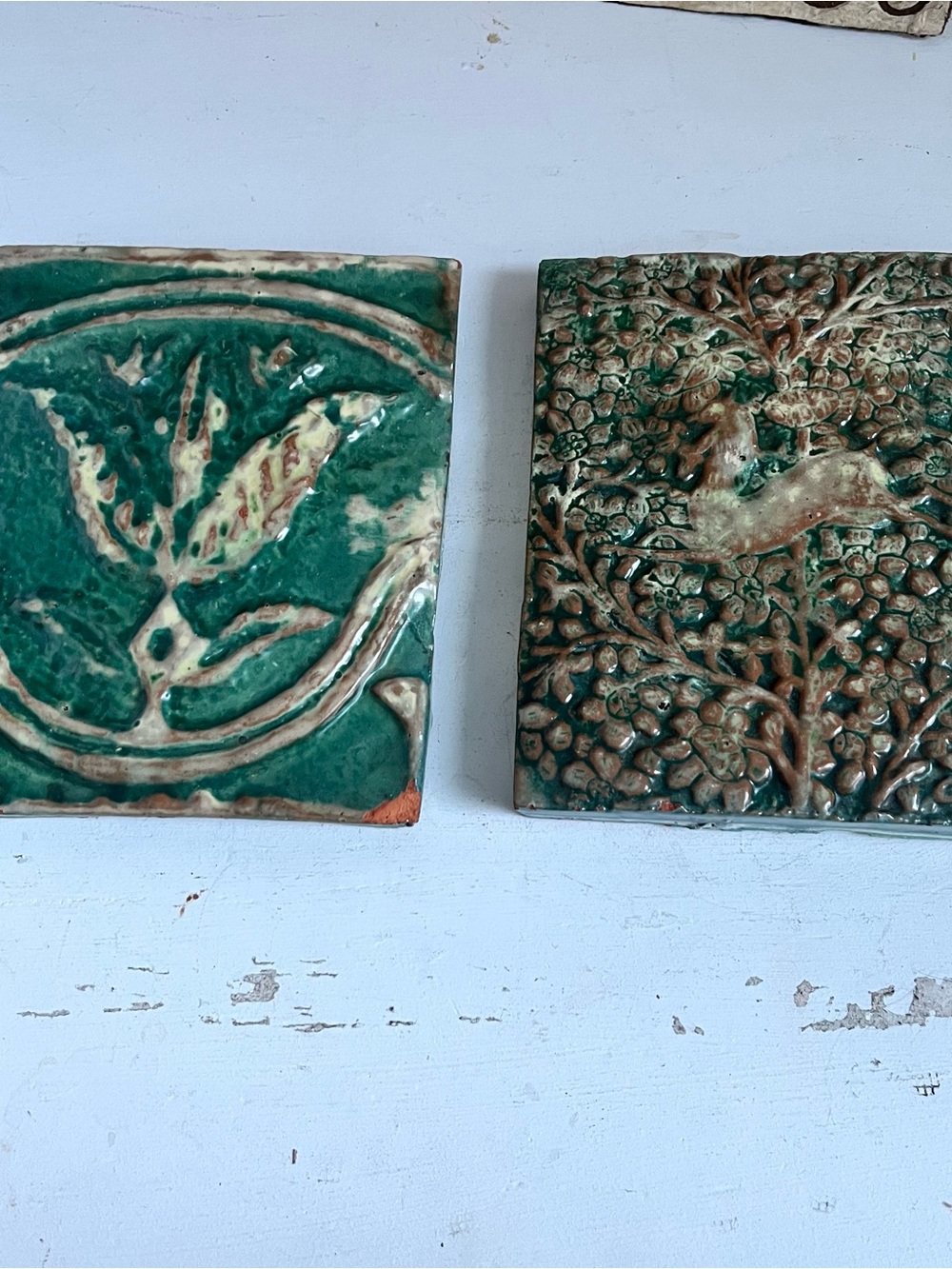 2 Henry Mercer Moravian Tiles Antelope in Foliage
And Single tulip 1996 green